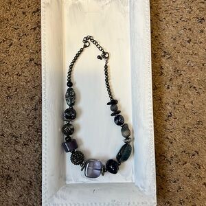 Beaded Necklace Chunky Glass Beads Blue with Silver Accent Pieces 21 Inches